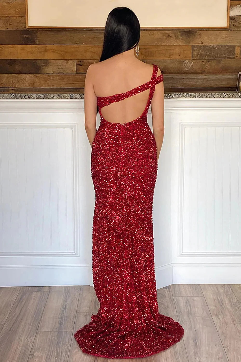 Vestido de fiesta largo de sirena con un solo hombro y lentejuelas rojas con limo